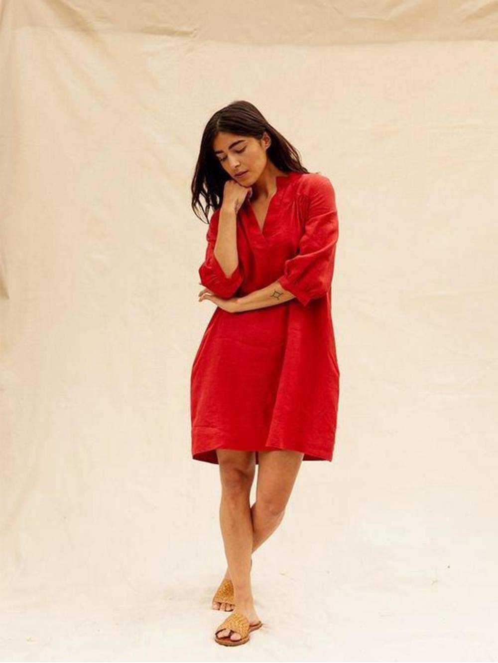 NWT Sugar Candy Mountain 100% Linen Sabine Boho Caftan Mini Dress Small Red